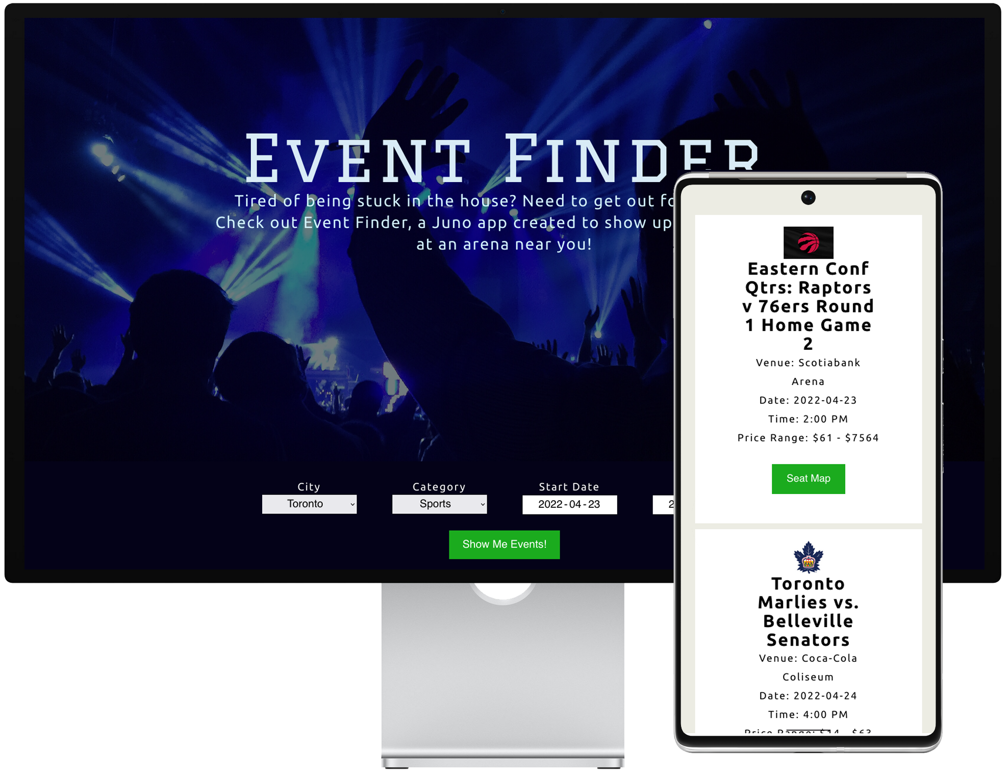 image of desktop and mobile view of event finder app